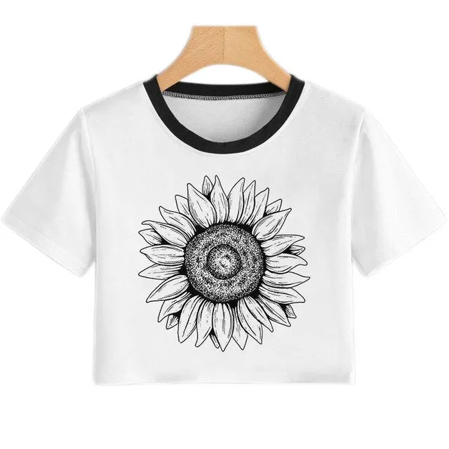 Summer Women T Shirt Flower Dandelion Print Sexy Crop Top Tops Tshirt Fun Vogue Aesthetic Casual T-shirt Harajuku Cropped Tumblr