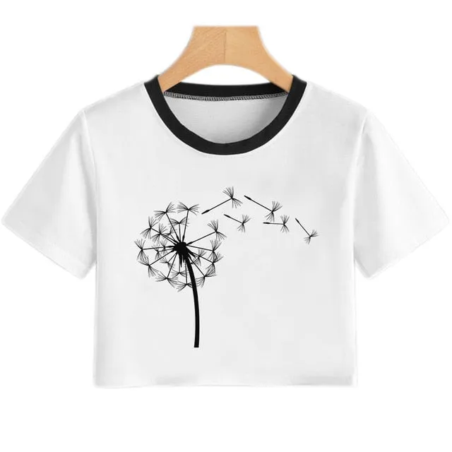Summer Women T Shirt Flower Dandelion Print Sexy Crop Top Tops Tshirt Fun Vogue Aesthetic Casual T-shirt Harajuku Cropped Tumblr