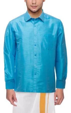 Traditional Raw Silk Shirt for men - full sleeve (Sky Blue) - 90030A