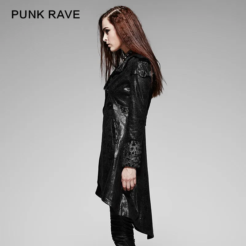 Y-352 black Long Soft Leather Gothic Trench Coats With V Collar