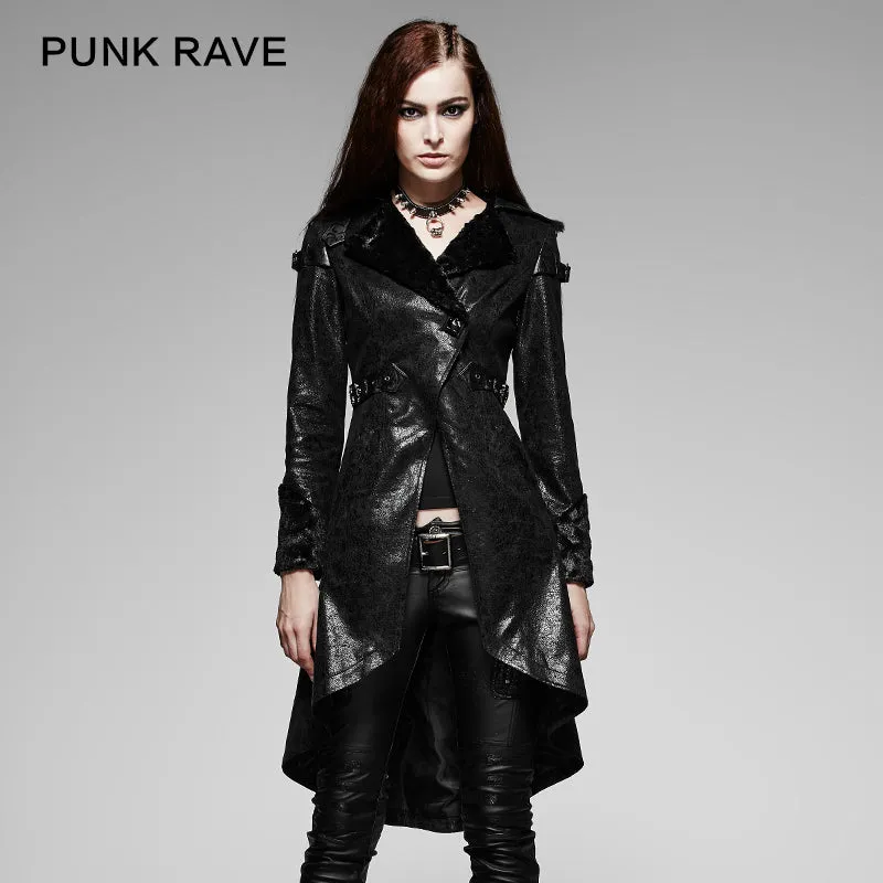 Y-352 black Long Soft Leather Gothic Trench Coats With V Collar