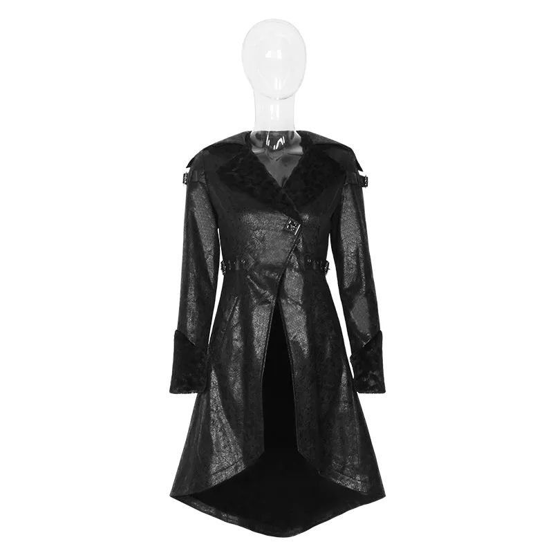Y-352 black Long Soft Leather Gothic Trench Coats With V Collar